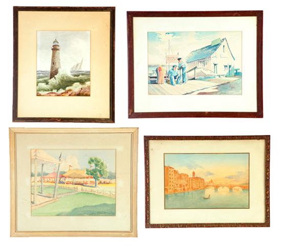 Appraisal: FOUR WATERCOLORS Lighthouse with boats signed B Whittaker late th