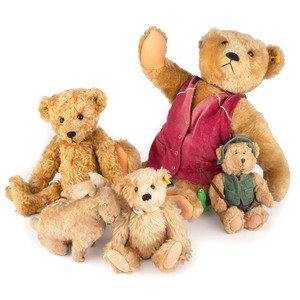 Appraisal: Five Stuffed Animals Including Steiff includes two bears with Steiff