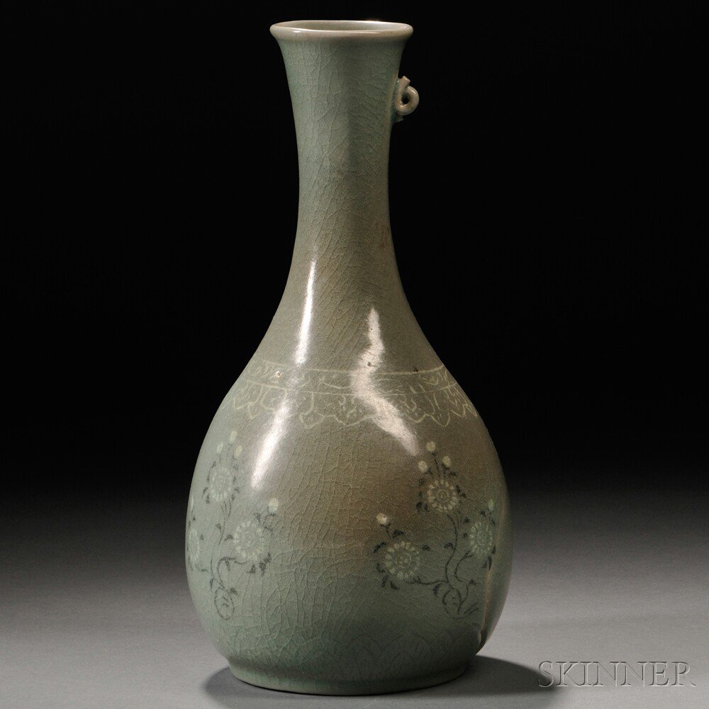 Appraisal: Celadon Sanggam Bottle Korea th th century pear-shape body with