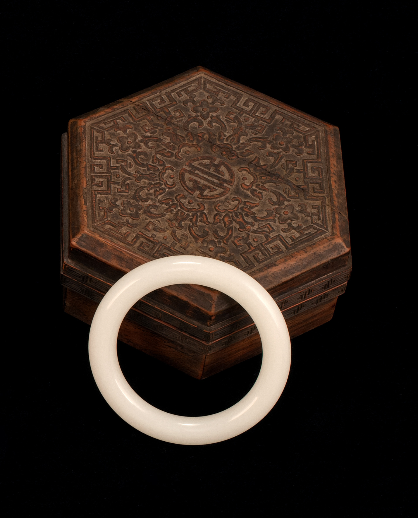 Appraisal: WHITE JADE BANGLE BRACELET WITH CARVED WOOD CASE Case in