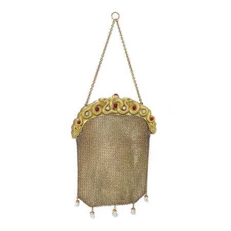 Appraisal: Antique Gold Ruby Diamond and Freshwater Pearl Mesh Purse Estimate