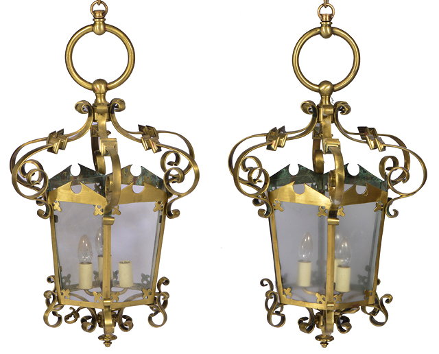 Appraisal: A PAIR OF BRASS HANGING GOTHIC REVIVAL HEXAGONAL LANTERNS with