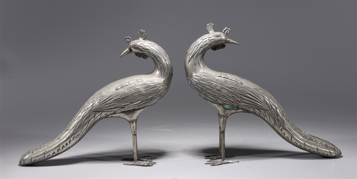 Appraisal: Pair of silver metal peacock statues possibly tin mid-century or