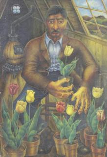 Appraisal: JORDY Oil on Canvas Man with Flower Pots Signed and