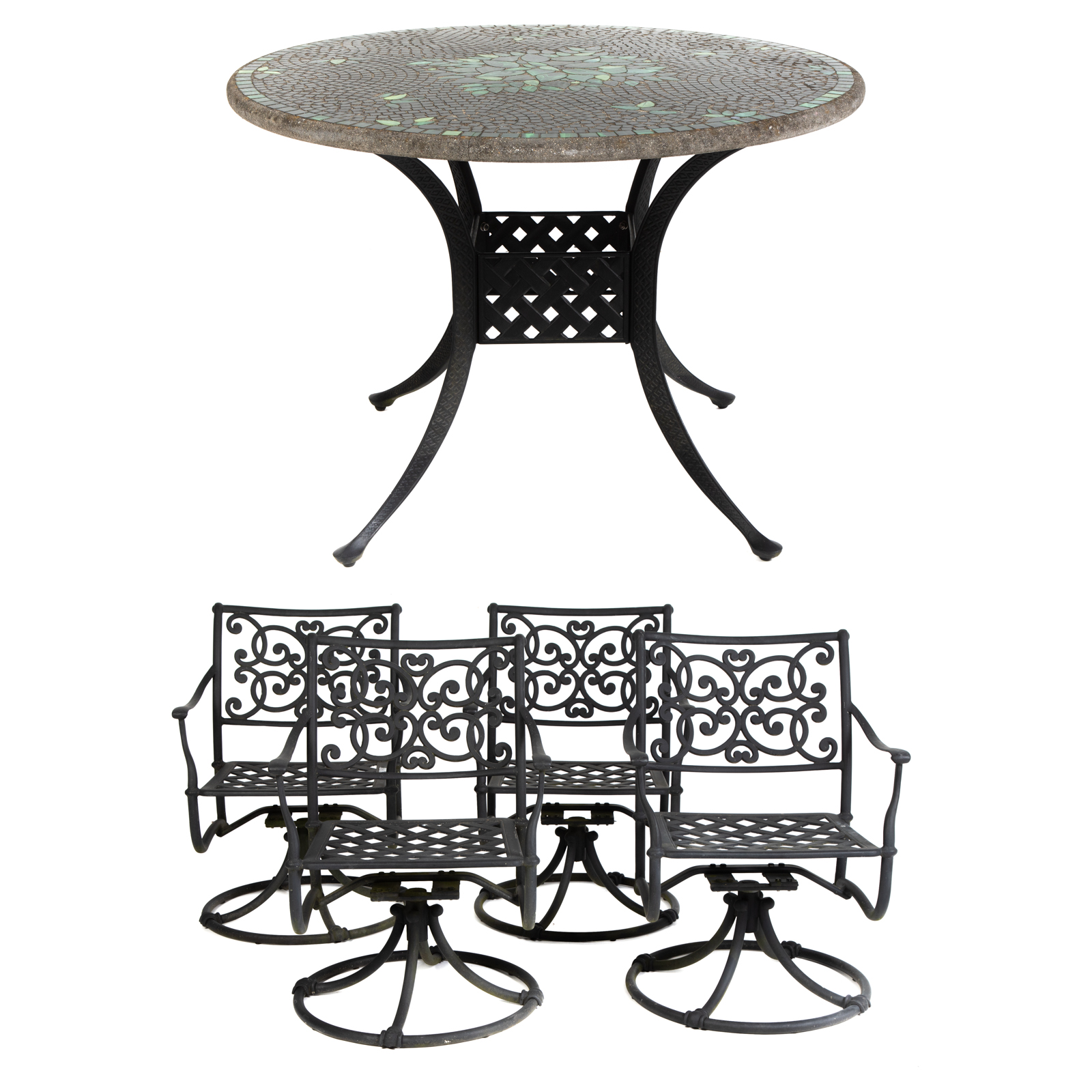 Appraisal: ROUND MOSAIC OUTDOOR TABLE FOUR SWIVEL CHAIRS Comprising four metal