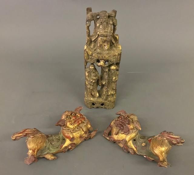 Appraisal: Japanese Carved Foo Lions and Carved Statue Pair of Japanese