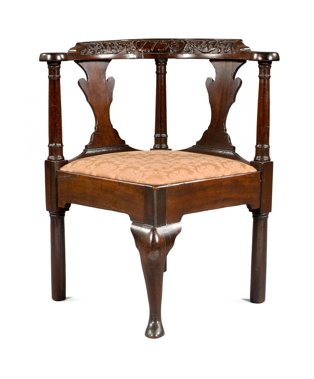 Appraisal: GEORGE III CARVED MAHOGANY CORNER CHAIR DATED