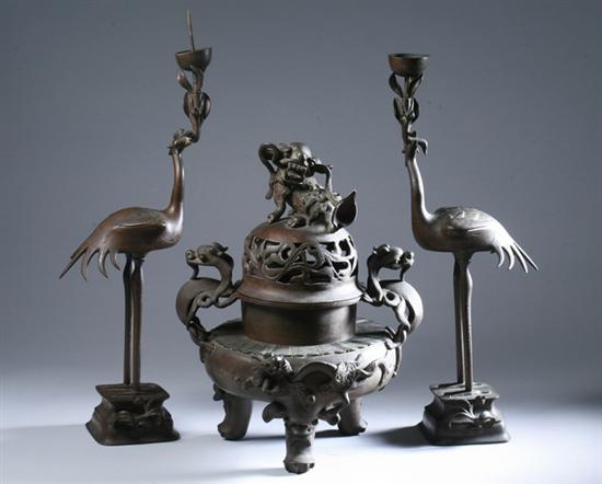 Appraisal: CHINESE BRONZE ALTAR CENSERS AND BIRD-FORM CANDLE HOLDERS th century