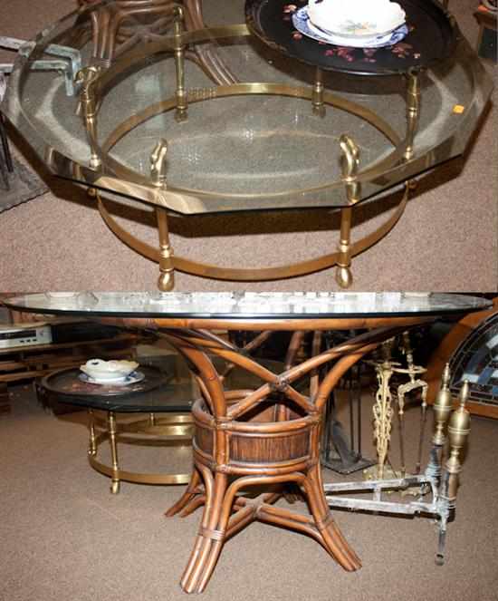 Appraisal: Contemporary brass and glass top sofa table rattan base glass