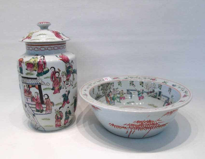 Appraisal: CHINESE PORCELAIN BOWL AND LIDDED JAR with hand painted figures