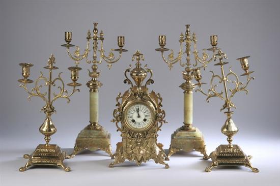 Appraisal: FRENCH FIVE-PIECE ASSEMBLED GILT-METAL AND GREEN ONYX CLOCK GARNITURE late