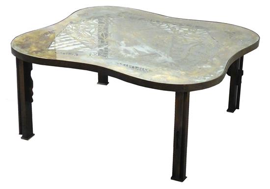 Appraisal: Mid-Century laser-cut bronze coffee table quatrelobe shaped glass top over