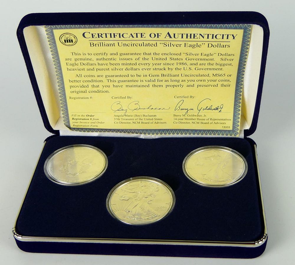 Appraisal: SET BRILLIANT UNCIRCULATED SILVER EAGLES In a presentation box with