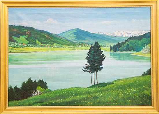 Appraisal: August Weber Switzerland - ALPINE LAKE VIEW oil on canvas