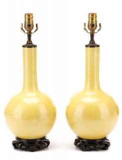 Appraisal: Pair Chinese Glazed Yellow Porcelain Vase Lamps Chinese mid th