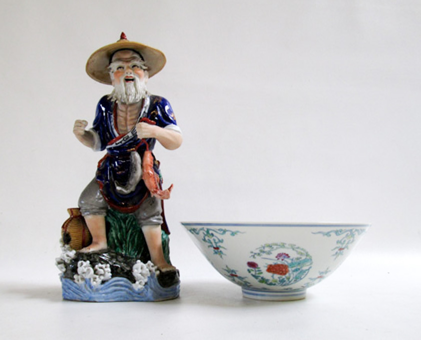 Appraisal: CHINESE PORCELAIN FIGURE AND BOWL H figure of a bearded