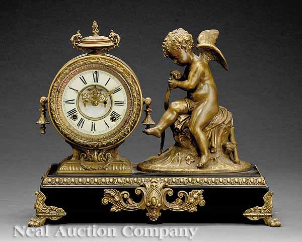 Appraisal: An American Gilt and Patinated Metal Figural Mantel Clock c