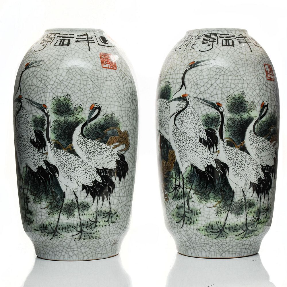 Appraisal: PAIR OF MONUMENTAL GUAN WARE VASES CRANES Handpainted with cranes