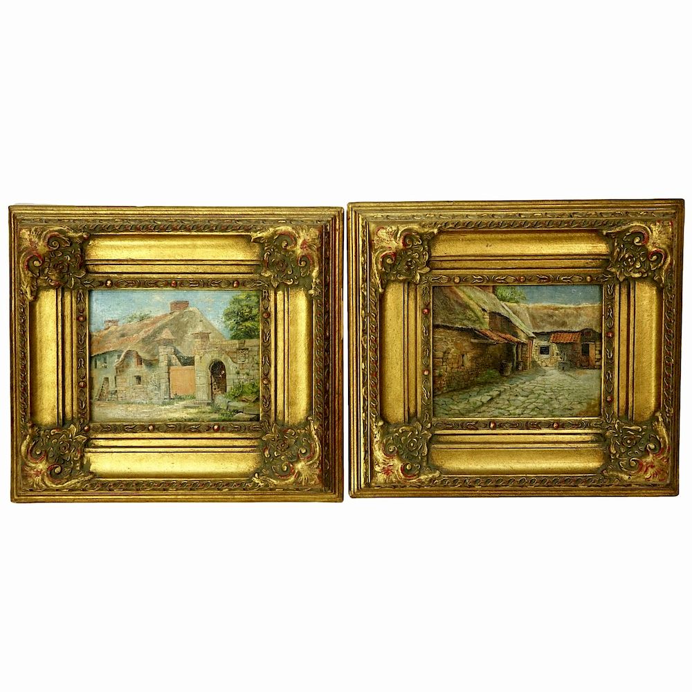 Appraisal: Pair of Antique Oil on Canvasboard Villages Scene Pair of