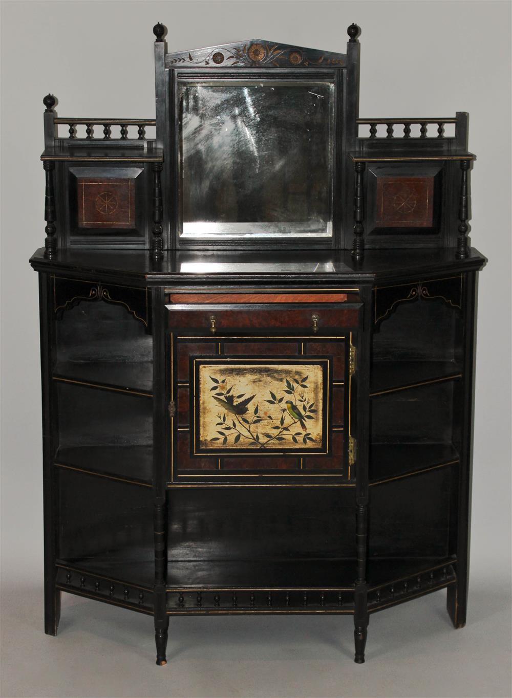 Appraisal: EBONIZED AESTHETIC MOVEMENT ETAGERE CABINET WITH MIRROR with a central