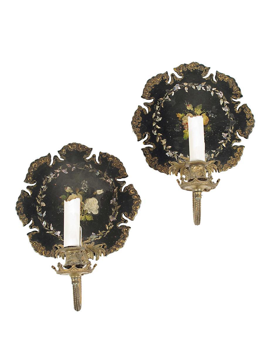 Appraisal: A pair of papier-mache and gilt metal wall lights