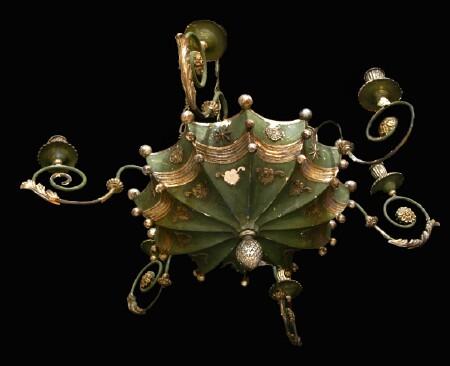 Appraisal: EMPIRE-STYLE CARVED AND GREEN-PAINTED SIX-LIGHT CHANDELIER The webbed bowl with