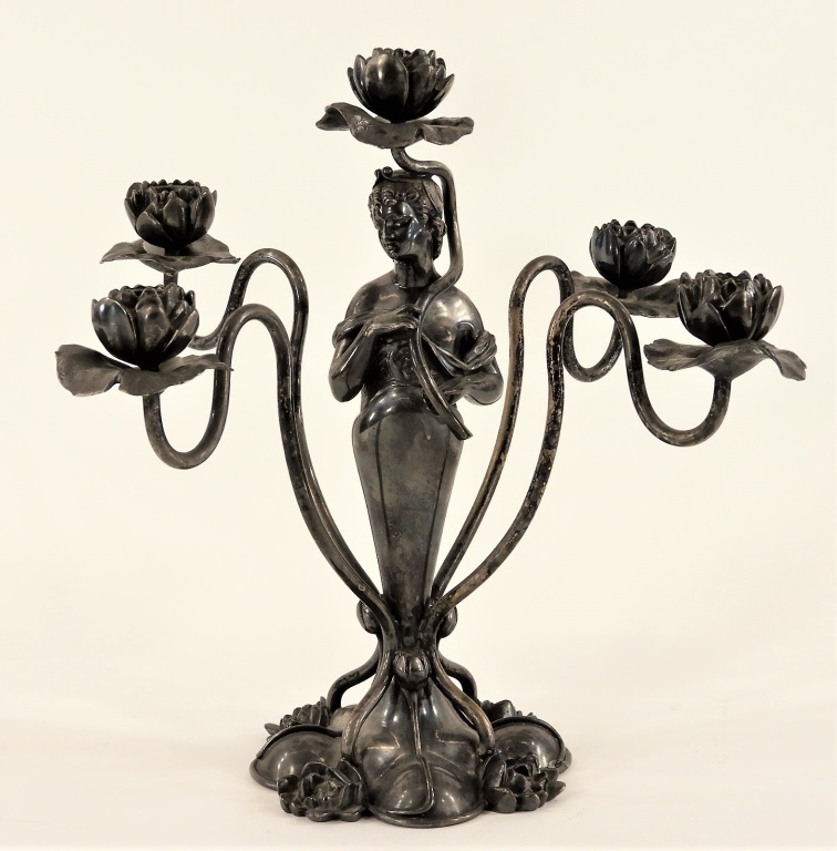 Appraisal: ART NOUVEAU SILVERPLATE FIGURAL FEMALE CANDELABRA United States Circa Lobed