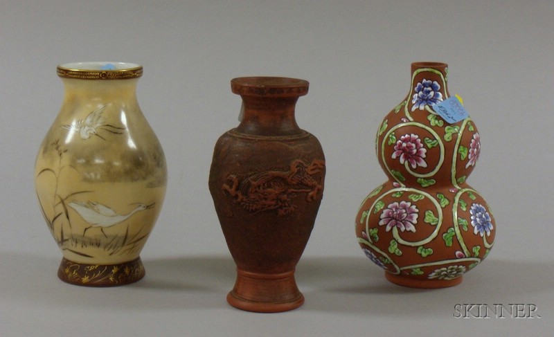 Appraisal: Three Japanese Vases including one hand-painted with cranes approx ht