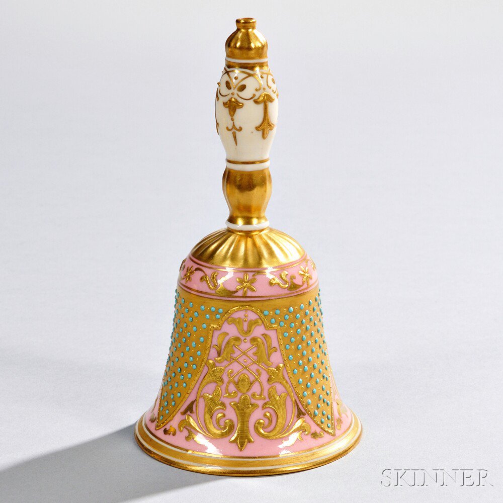 Appraisal: Jeweled Coalport Porcelain Bell England late th century raised gold