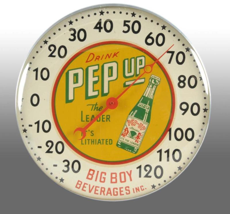 Appraisal: Pep-Up Drink Big Boy Beverage Round Thermometer Description Clean and