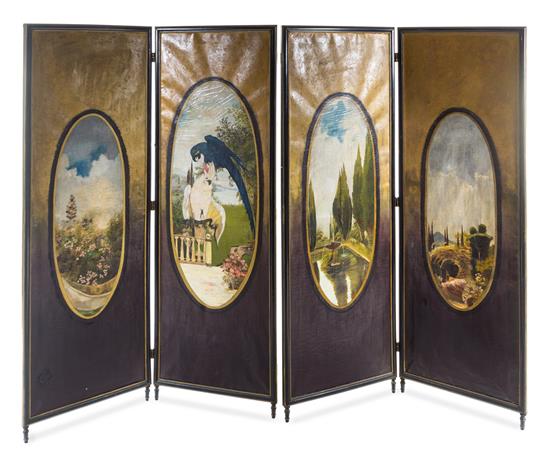 Appraisal: Sale Lot A Painted Canvas Four-Panel Floor Screen th century