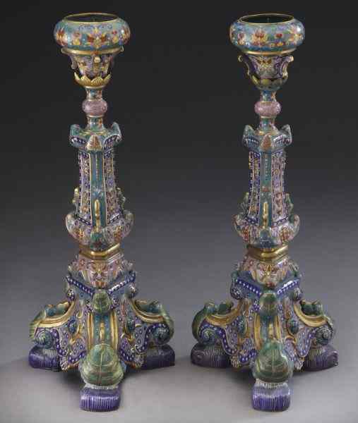 Appraisal: Pr Chinese cloisonne tripod candlesticksdepicting lucky symbols ''H Circa -