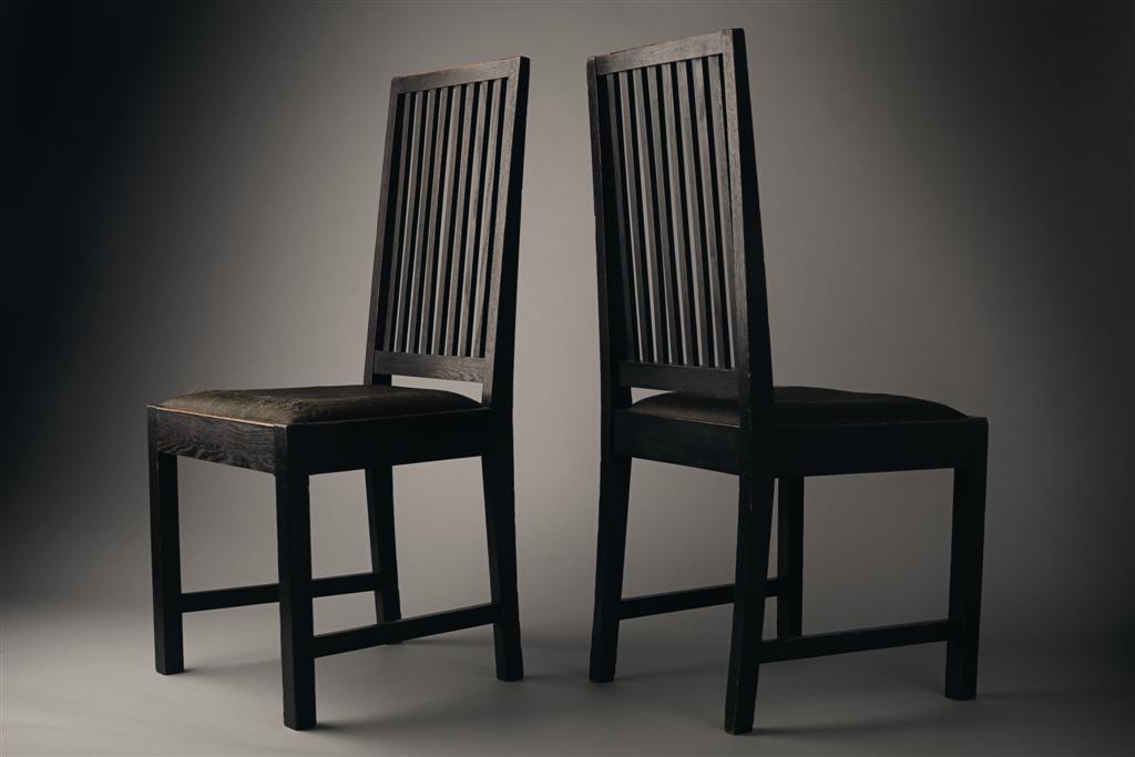 Appraisal: CHARLES RENNIE MACKINTOSH - PAIR OF STAINED OAK DINING CHAIRS