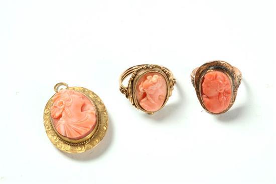 Appraisal: THREE PIECES OF CAMEO JEWELRY Late th century coral gold