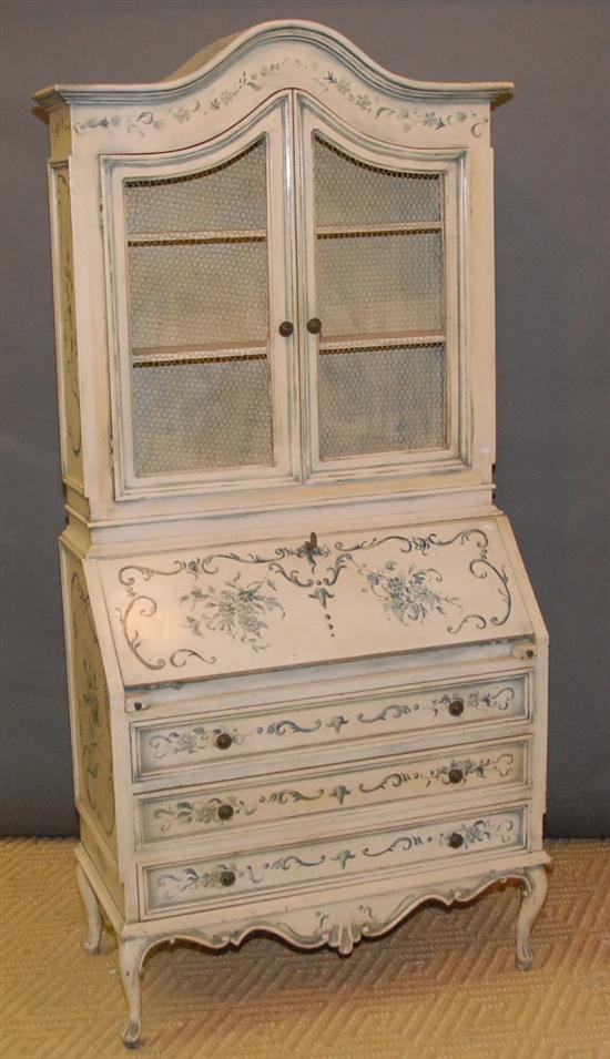 Appraisal: PROVINCIAL-STYLE SECRETARY BOOKCASE Cream painted with blue floral scroll decoration