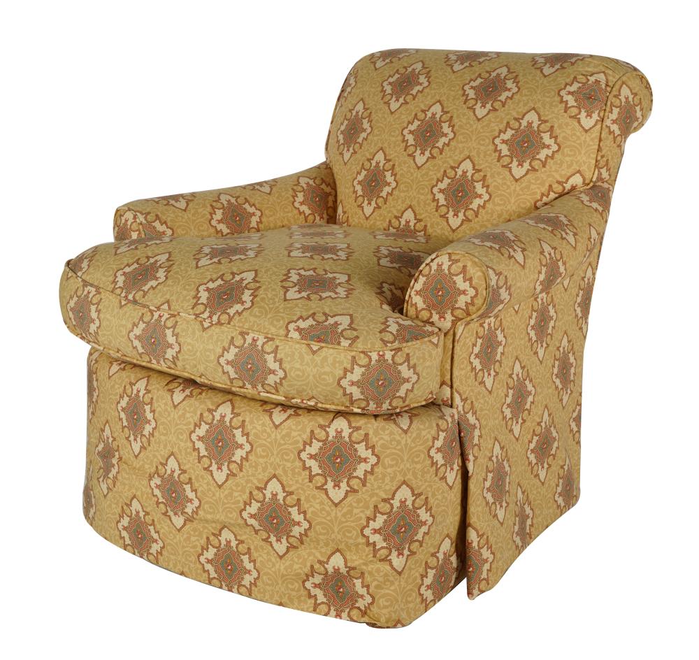 Appraisal: FULLY UPHOLSTERED ARMCHAIRmanufacturer unknown covered with gold colored cotton inches