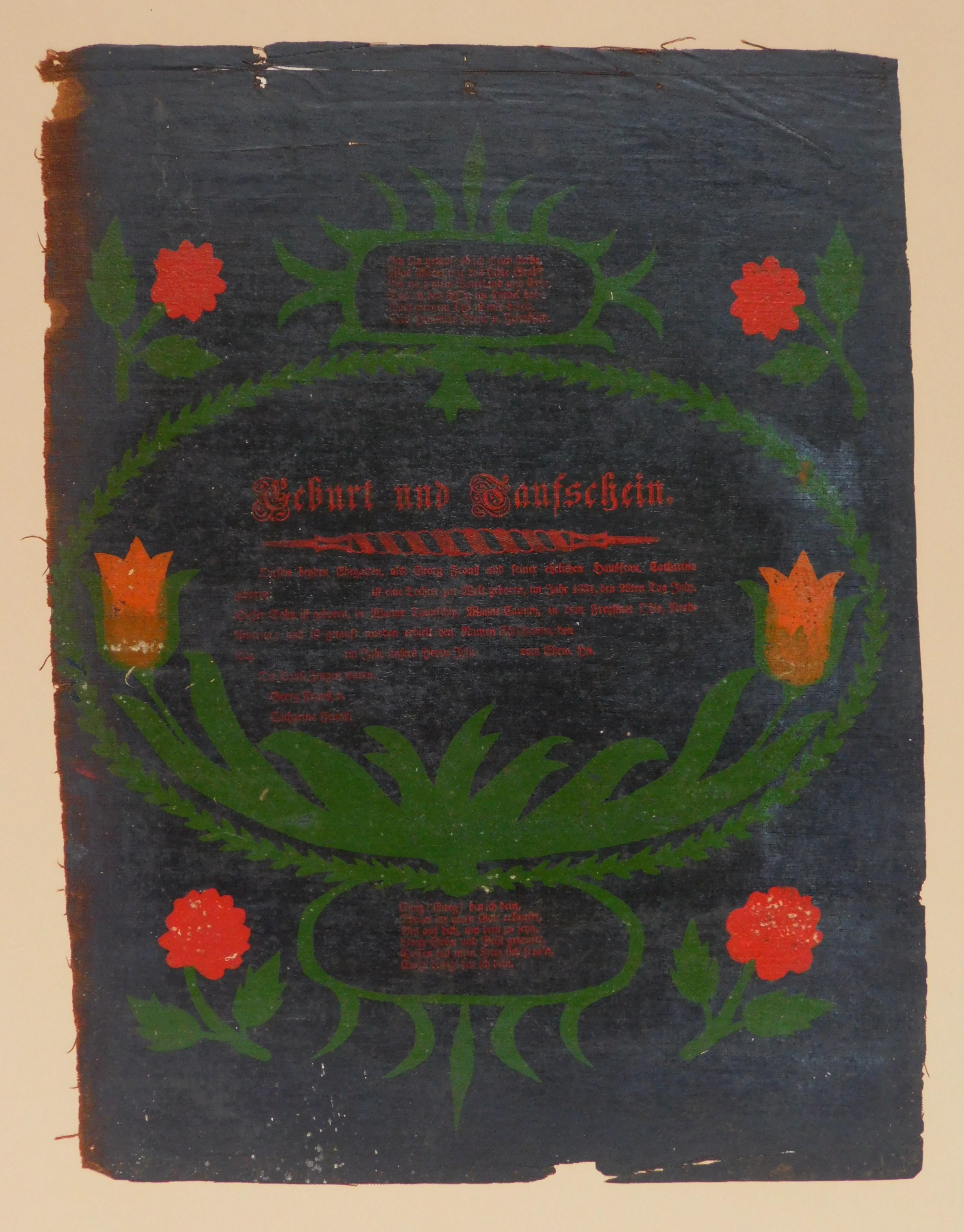 Appraisal: th c German Fraktur Schu und auf Schien''- oil on