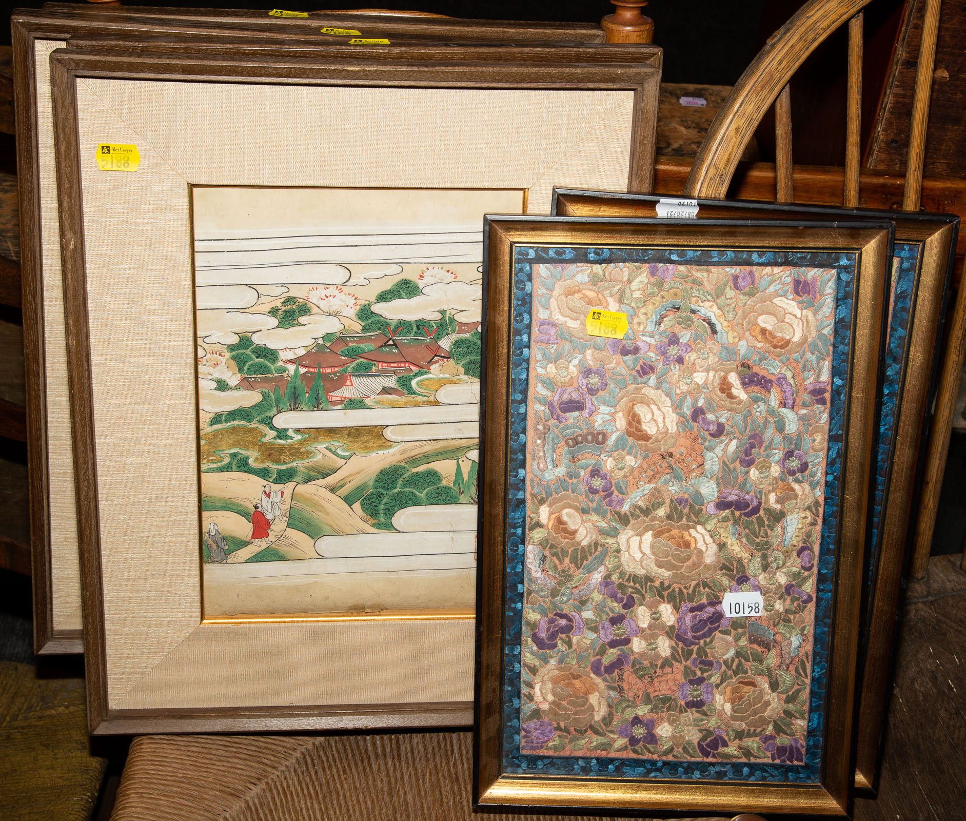 Appraisal: SIX ASIAN FRAMED ITEMS Including a suite of four Japanese