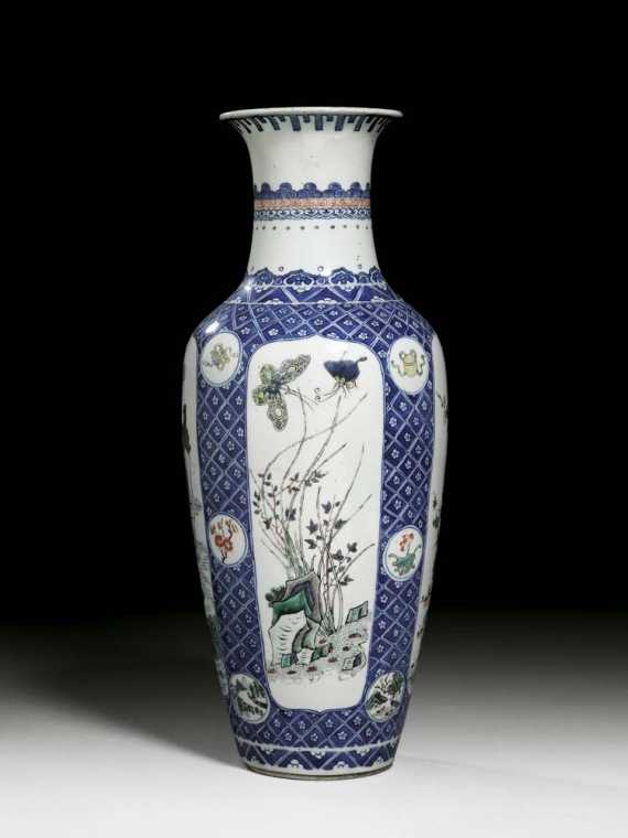 Appraisal: SLENDER VASE with four cartouches in Famille Verte colours rhombus