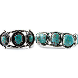 Appraisal: Navajo Silver Wire Cuff Bracelets with a Row of Turquoise