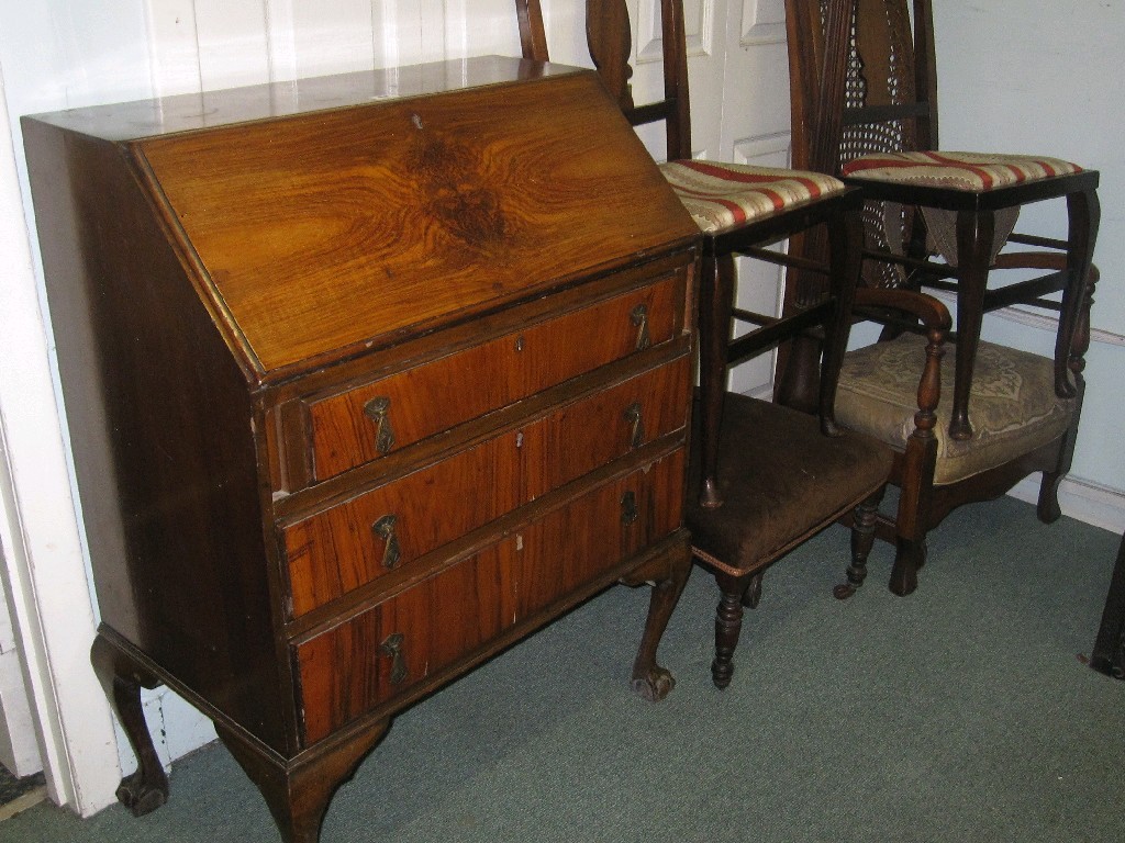 Appraisal: Lot comprising writing bureau inlaid nursing chair pair of side