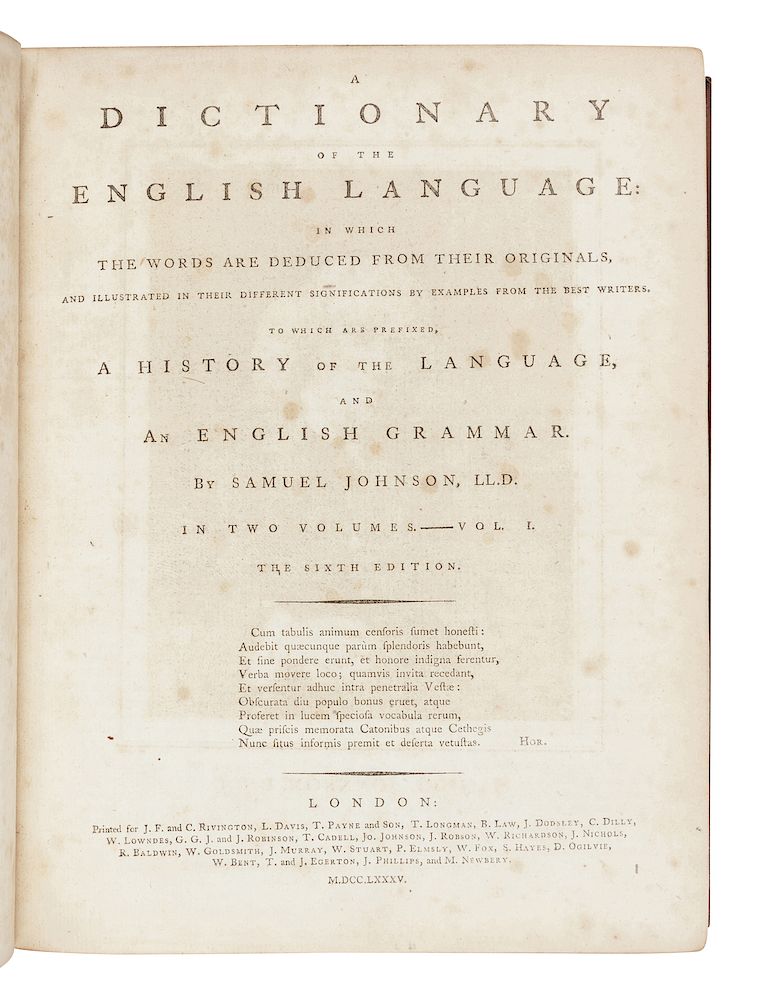 Appraisal: JOHNSON Samuel - A Dictionary of the English Language London