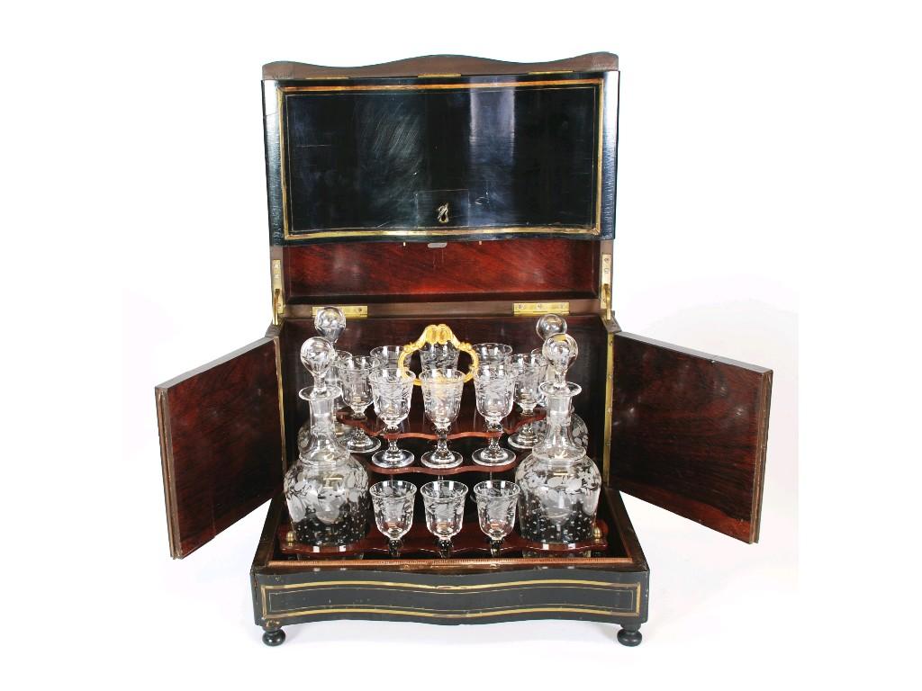 Appraisal: NINETEENTH CENTURY FRENCH LIQUEUR COMPACTUM the ebonised brass inlaid case