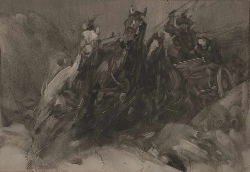 Appraisal: Horses and wagon at full gallop ink gouache and wash