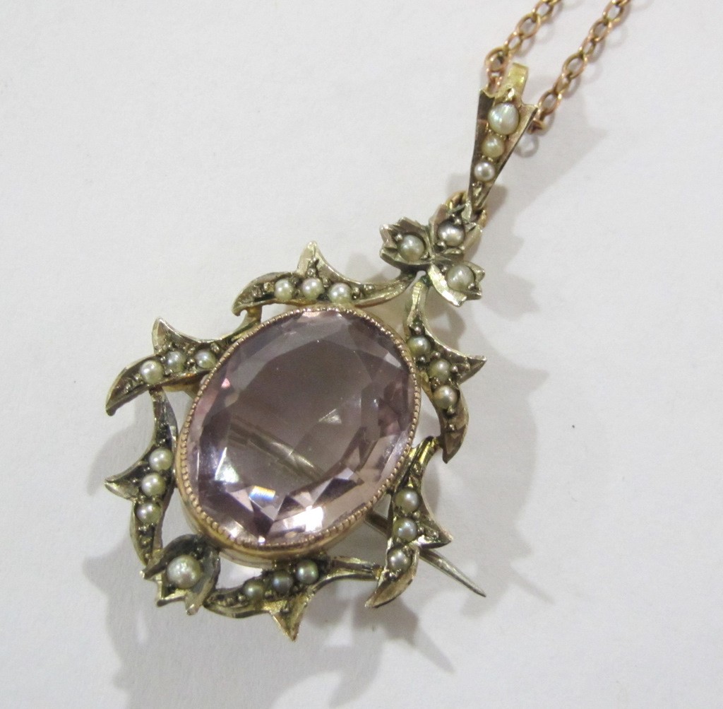 Appraisal: Edwardian gold amethyst and seed pearl set pendant on rose