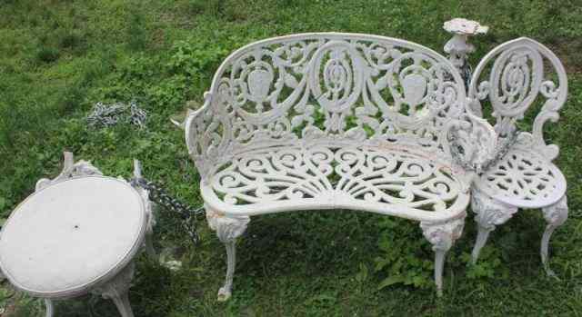 Appraisal: Piece Vintage Iron Outdoor Set A bench chairs and a