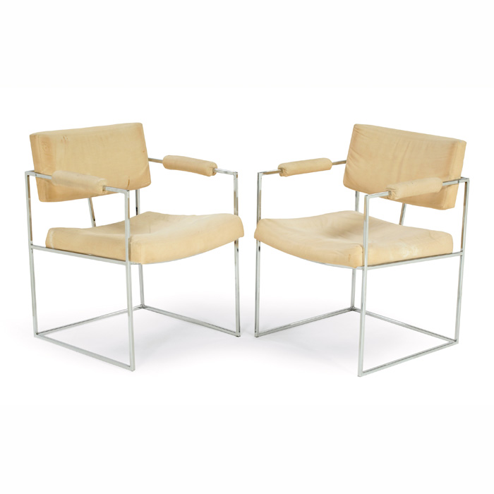 Appraisal: Milo Baughman armchairs pair by Thayer Coggin square tubular chromed