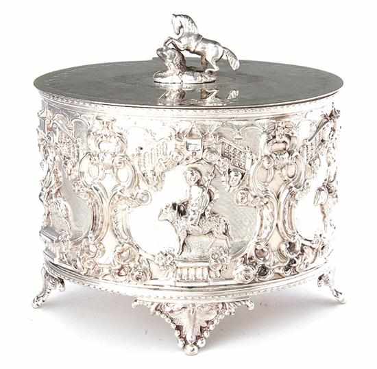 Appraisal: Victorian silverplate biscuit box circa horse finial on decorated hinged