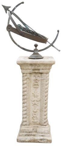 Appraisal: Diminutive metal armillary sphere on foliated and ribbed cast stone