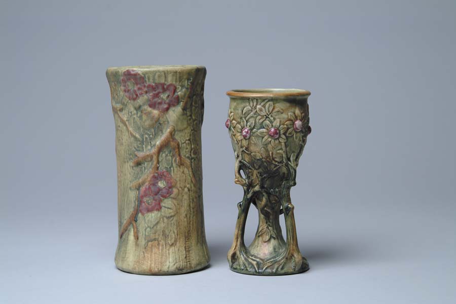 Appraisal: TWO PIECES OF WELLER POTTERY Weller woodcraft chalice vase with